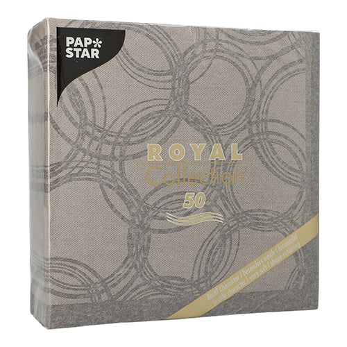 Die PAPSTAR 50 Servietten "ROYAL Collection" 1/4-Falz, 40 x 40 cm in grau von der PAPSTAR GmbH haben ein elegantes, sich überlappendes Kreismuster und werden im 50er-Pack geliefert, hervorgehoben durch goldenen Text und Nummer auf der Vorderseite.