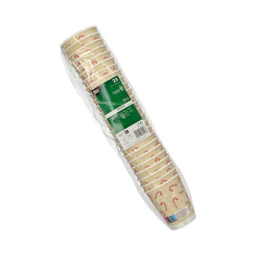 25 PAPSTAR ποτήρια "Candy Canes" (0,2 l, Ø 8 cm), κρεμ χρώματος, διπλού τοιχώματος ποτήρια με κόκκινο μοτίβο καραμέλας της PAPSTAR GmbH σε πλαστική συσκευασία· οι πληροφορίες του προϊόντος είναι ορατές στην πράσινη ετικέτα.