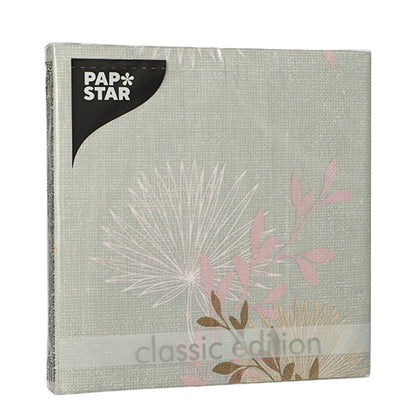 Ένας σωρός από PAPSTAR 20 Servietten, 33 cm x 33 cm, τριπλής στρώσης, Design Set 4 από PAPSTAR GmbH, σε πλαστική συσκευασία με ανοιχτό γκρι, δομημένο φόντο και ροζ/μπεζ φυτικά σχέδια.