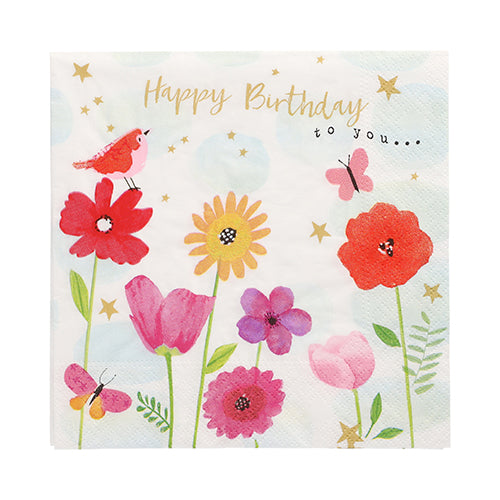 Die Servietten PAPSTAR 20 Servietten 33x33 cm von PAPSTAR GmbH zeigen ein florales und festliches Design mit einem roten Vogel, Schmetterlingen, goldenen Sternen und dem Text "Happy Birthday to you..." auf weißem Hintergrund.