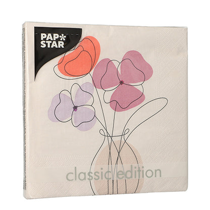 Eine Packung PAPSTAR 20 Servietten, 33x33 cm, 3-lagig, 1/4-Falz von PAPSTAR GmbH, Set 1 mit dem Motiv einer Vase mit abstrakten rosa und orangefarbenen Blumen auf der Vorderseite.