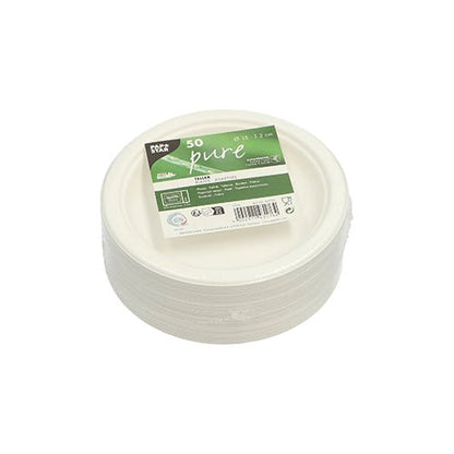 Ένα σετ από 50 PAPSTAR ζαχαροκάλαμο πιάτα "pure" της PAPSTAR GmbH με πράσινο-λευκή ετικέτα, πιστοποιημένο και βιοδιασπώμενο - η φιλική προς το περιβάλλον επιλογή για πιάτα μιας χρήσης.