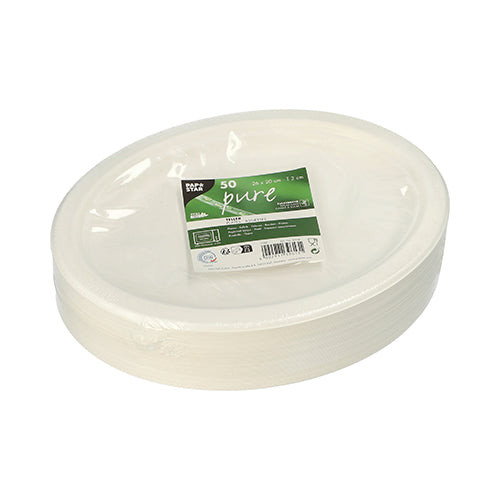 Ένας σωρός λευκών, οβάλ πιάτων μιας χρήσης PAPSTAR 50 πιάτα, ζαχαροκάλαμο «pure» της PAPSTAR GmbH, συσκευασμένα σε μεμβράνη με πράσινη-λευκή ετικέτα.