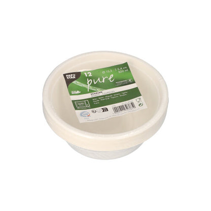 Ένας σωρός από 12 PAPSTAR μπολ, ζαχαροκάλαμο "καθαρό" της PAPSTAR GmbH σε συσκευασία με πράσινη ετικέτα. Κάθε φιλικό προς το περιβάλλον μπολ μιας χρήσης χωράει 500 ml και αποτελείται από βιοδιασπώμενο υλικό.