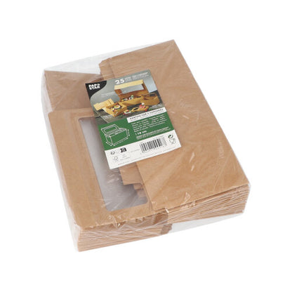 Eine in Kunststoff verpackte Packung mit 25 PAPSTAR Cupcake-Kartons eckig 10 cm mit Sichtfenster aus PLA von der PAPSTAR GmbH, mit einem oberen Etikett mit den zusammengebauten Kartons, Produktdetails und Recyclingsymbolen.