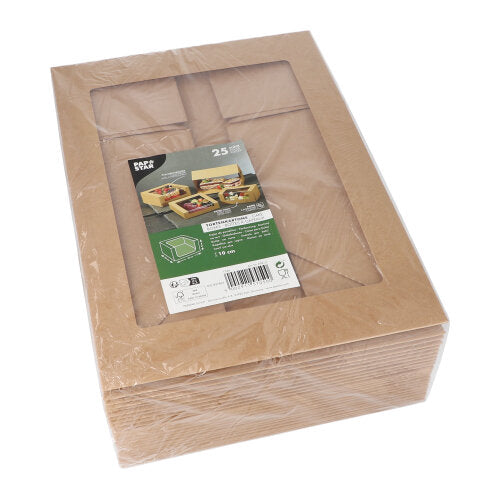 Eine Packung mit 25 PAPSTAR Tortenkartons mit eckigem Deckel mit Sichtfenster aus PLA der PAPSTAR GmbH, in Plastikfolie eingewickelt und mit einem grün-weißen Etikett mit Abbildungen der zusammengestellten Kartons versehen.