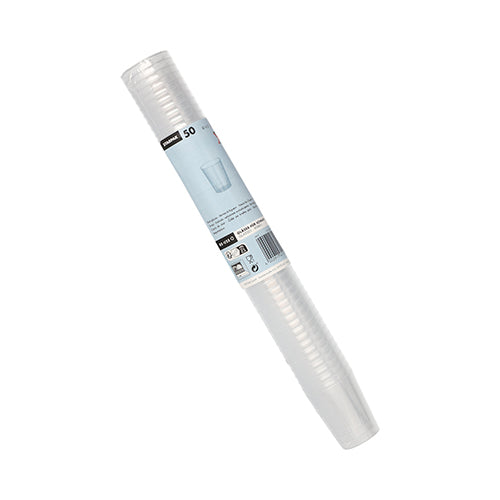 Ένας σωρός από 50 καθαρά, άθραυστα επαναχρησιμοποιήσιμα ποτήρια Starpak για σφηνάκια από PP, συσκευασμένα σε κυλινδρική μορφή με μπλε-λευκή ετικέτα γύρω από τη μέση.