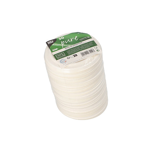 Μια στοίβα από 50 λευκά "καθαρά" καπάκια ζαχαροκάλαμου για ποτήρια σούπας της PAPSTAR GmbH, τυλιγμένα σε φιλμ με λεπτομέρειες προϊόντος και σύμβολα ανακύκλωσης.