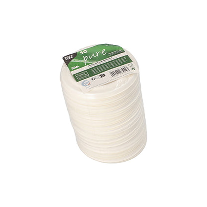 Μια στοίβα από 50 λευκά "καθαρά" καπάκια ζαχαροκάλαμου για ποτήρια σούπας της PAPSTAR GmbH, τυλιγμένα σε φιλμ με λεπτομέρειες προϊόντος και σύμβολα ανακύκλωσης.