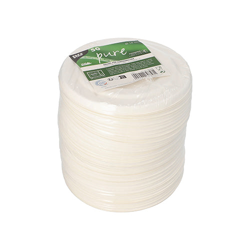 Μια στοίβα λευκών PAPSTAR 50 καπάκια ποτηριών σούπας από φιλικό προς το περιβάλλον ζαχαροκάλαμο "pure" είναι συσκευασμένη σε διαφανές φιλμ με πράσινη ετικέτα. Σχεδιασμένα από την PAPSTAR GmbH, αυτά τα καπάκια είναι η τέλεια προσθήκη σε φιλικά προς το περιβάλλον ποτήρια σούπας.