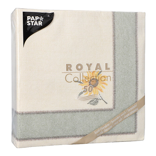 Οι PAPSTAR 50 πετσέτες "ROYAL Collection" 1/4-πτυχή 40 x 40 cm παρουσιάζουν ένα μοτίβο ηλίανθου σε κρεμ φόντο με γκρι περίγραμμα, όπως απεικονίζεται στην ετικέτα. Μάρκα: PAPSTAR GmbH.