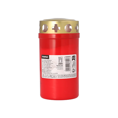 Ένα κερί τάφου Starpak με χρυσό καπάκι Ø 6,4 cm · 12,5 cm με θήκη από την Starpak στέκεται όρθιο σε απλό λευκό φόντο, με χρυσαφένιο καπάκι και ετικέτα προϊόντος. Ιδανικό για το νεκροταφείο.
