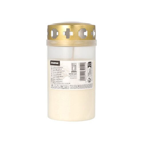 Το κερί τάφου Starpak με χρυσό καπάκι Ø 6,4 cm · 12,5 cm με θήκη είναι ένα λευκό κερί τάφου σε ημιδιαφανές δοχείο με σταυροειδείς εγκοπές στο χρυσό καπάκι, επισημασμένο με πληροφορίες προϊόντος - ιδανικό για χρήση στο νεκροταφείο.
