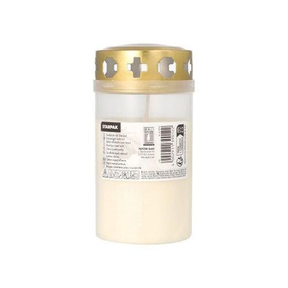 Το κερί τάφου Starpak με χρυσό καπάκι Ø 6,4 cm · 12,5 cm με θήκη είναι ένα λευκό κερί τάφου σε ημιδιαφανές δοχείο με σταυροειδείς εγκοπές στο χρυσό καπάκι, επισημασμένο με πληροφορίες προϊόντος - ιδανικό για χρήση στο νεκροταφείο.