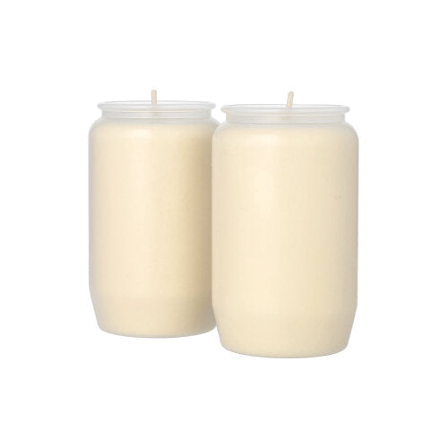 Zwei PAPSTAR 2 Kompositions-Öl-Lichte (Ø 5,8 cm, 9,6 cm) mit transparenter Hülle stehen nebeneinander vor weißem Hintergrund und schaffen eine gemütliche Atmosphäre.