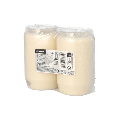 Δύο PAPSTAR σύνθετα φώτα λαδιού Ø 5,8 cm κεριά στήλης (2 τεμάχια) είναι συσκευασμένα σε διαφανή συρρικνωμένη μεμβράνη με μια ετικέτα προϊόντος στο μπροστινό μέρος. Το απλό λευκό φόντο υπογραμμίζει τον ατμοσφαιρικό φωτισμό τους. Μάρκα: PAPSTAR GmbH.