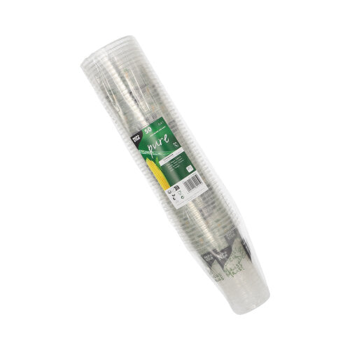 Μια στοίβα διαφανών PAPSTAR 50 κύπελλων PLA «κύπελλο από καλαμπόκι» της PAPSTAR GmbH, τυλιγμένα σε πλαστικό με μια πράσινη ετικέτα που γράφει «50 κύπελλα», μια εικόνα καλαμποκιού και ένα κείμενο που τονίζει αυτά τα φιλικά προς το περιβάλλον κύπελλα.