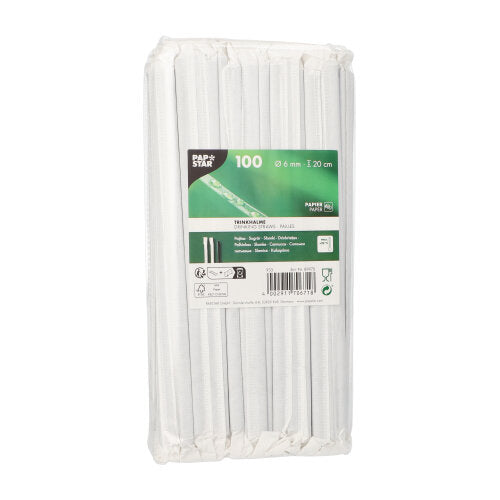 Τα PAPSTAR GmbH 100 καλαμάκια, χαρτί Ø 6 mm είναι χαρτοκαλαμάκια μήκους 20 cm, που είναι συσκευασμένα ξεχωριστά σε διαφανές πλαστικό και φέρουν πράσινη-λευκή ετικέτα με τις λεπτομέρειες του προϊόντος.