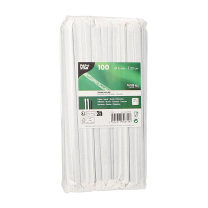 Τα PAPSTAR GmbH 100 καλαμάκια, χαρτί Ø 6 mm είναι χαρτοκαλαμάκια μήκους 20 cm, που είναι συσκευασμένα ξεχωριστά σε διαφανές πλαστικό και φέρουν πράσινη-λευκή ετικέτα με τις λεπτομέρειες του προϊόντος.
