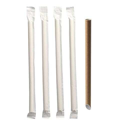 Απεικονίζονται πέντε PAPSTAR καλαμάκια Bubble Tea "pure" (Ø 12 mm, 20 cm, καφέ, αιχμηρά | Φιλμ) της PAPSTAR GmbH· τέσσερα συσκευασμένα ξεχωριστά και ένα χωρίς συσκευασία, όλα τοποθετημένα κάθετα σε λευκό φόντο.