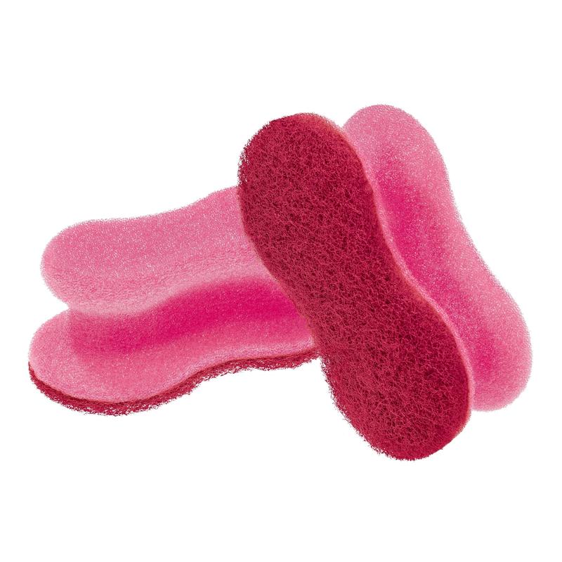 Δύο ροζ Scotch-Brite® Delicate Color Comfort μη γρατζουνιστικό σφουγγάρι καθαρισμού από την 3M Deutschland GmbH είναι απεικονισμένα στοιβαγμένα σε λευκό φόντο. Καθαρίζουν απαλά ευαίσθητες επιφάνειες και δεν αφήνουν γρατζουνιές. Η συσκευασία περιέχει 2 τεμάχια.