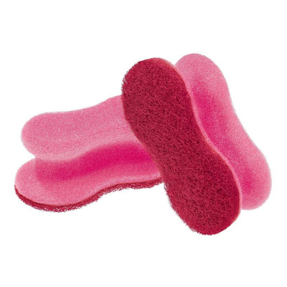 Δύο ροζ Scotch-Brite® Delicate Color Comfort μη γρατζουνιστικό σφουγγάρι καθαρισμού από την 3M Deutschland GmbH είναι απεικονισμένα στοιβαγμένα σε λευκό φόντο. Καθαρίζουν απαλά ευαίσθητες επιφάνειες και δεν αφήνουν γρατζουνιές. Η συσκευασία περιέχει 2 τεμάχια.