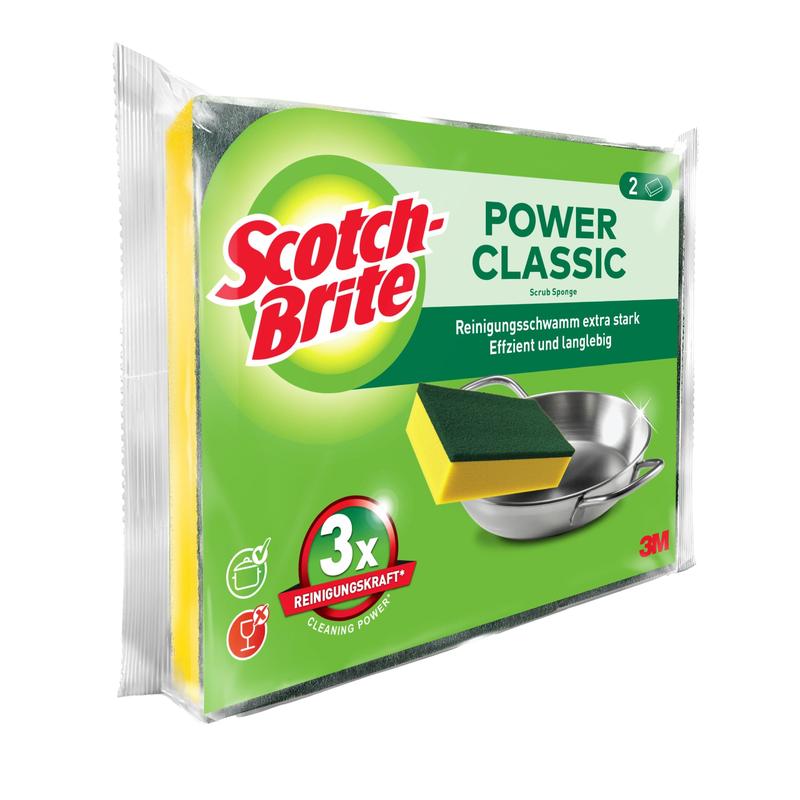 Απεικονίζεται μια συσκευασία από το Scotch-Brite® Classic Reinigungsschwamm της 3M Deutschland GmbH με δύο σφουγγάρια. Στην κυρίως πράσινη συσκευασία απεικονίζεται ένα σφουγγάρι και μια μεταλλική κατσαρόλα, μαζί με αγγλικό και γερμανικό κείμενο.