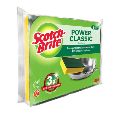 Απεικονίζεται μια συσκευασία από το Scotch-Brite® Classic Reinigungsschwamm της 3M Deutschland GmbH με δύο σφουγγάρια. Στην κυρίως πράσινη συσκευασία απεικονίζεται ένα σφουγγάρι και μια μεταλλική κατσαρόλα, μαζί με αγγλικό και γερμανικό κείμενο.