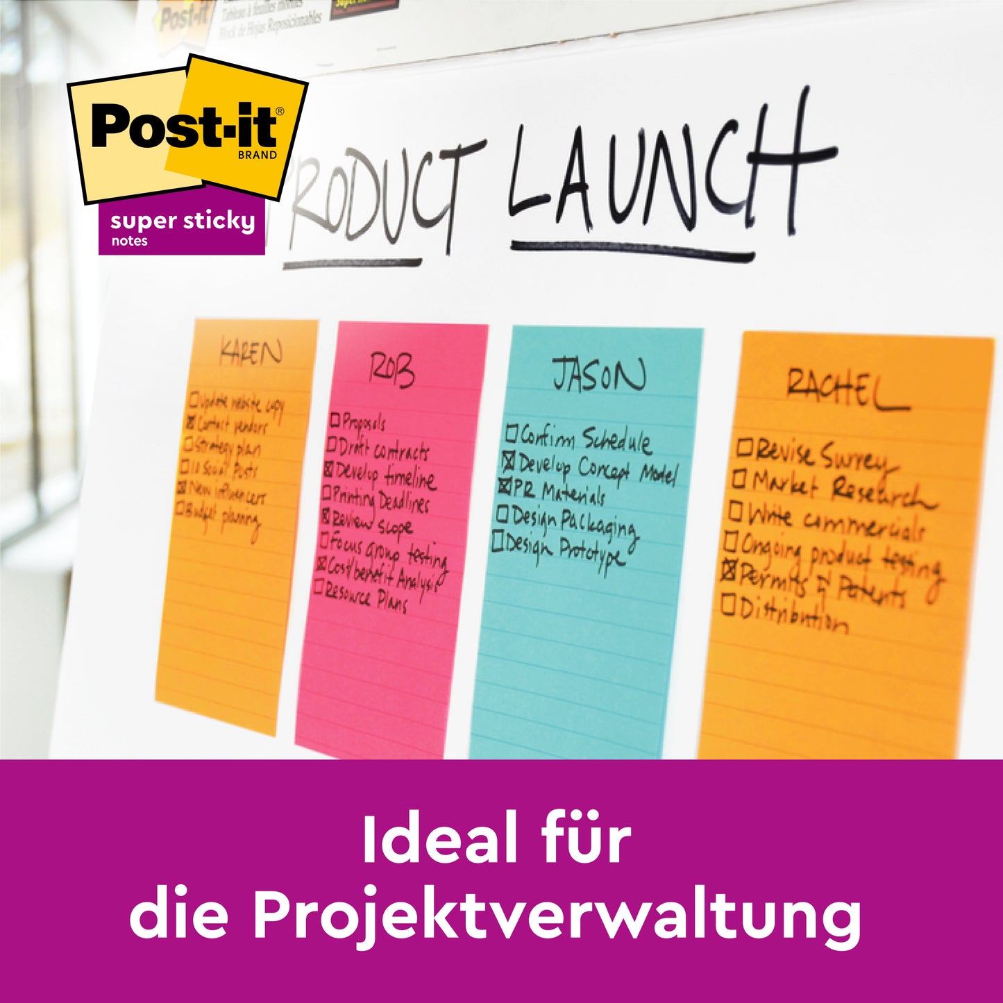 Ein Whiteboard zeigt vier bunte Post-it® Super Sticky Notes im Großformat (101 mm x 101 mm, 90 Blatt/Block, 100% PEFC) mit Projektaufgaben. Auf einem lila Banner steht "Ideal für die Projektverwaltung". Das Logo der 3M Deutschland GmbH befindet sich oben links.