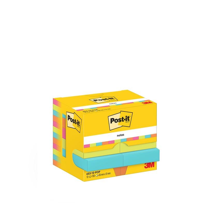 Ένα κίτρινο κουτί Post-it® Notes από τη συλλογή Poptimistic της 3M Deutschland GmbH περιέχει 12 μπλοκ των 100 φύλλων (38 mm x 51 mm), έχει πολύχρωμες άκρες και είναι πιστοποιημένο με PEFC σε χαρτονένια συσκευασία (SGSCH-PEFC-COC-110078).