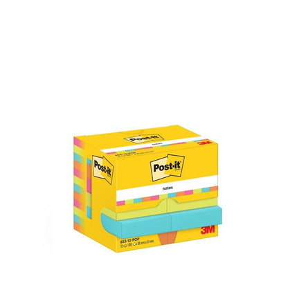 Ένα κίτρινο κουτί Post-it® Notes από τη συλλογή Poptimistic της 3M Deutschland GmbH περιέχει 12 μπλοκ των 100 φύλλων (38 mm x 51 mm), έχει πολύχρωμες άκρες και είναι πιστοποιημένο με PEFC σε χαρτονένια συσκευασία (SGSCH-PEFC-COC-110078).