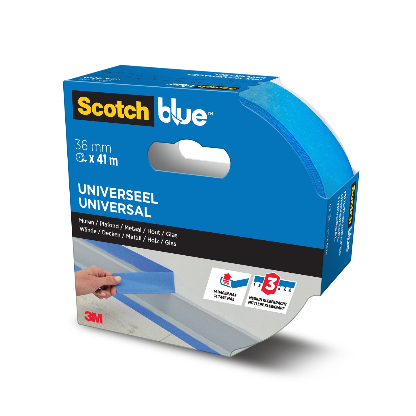 Eine Rolle 3M Deutschland GmbH ScotchBlue™ Malerabdeckband "Multi-Surface", 36 mm x 41 m, in blauer Verpackung. Die Verpackung zeigt die Verwendung auf Wänden, Metall, Holz und Glas, was die universelle Kompatibilität unterstreicht.