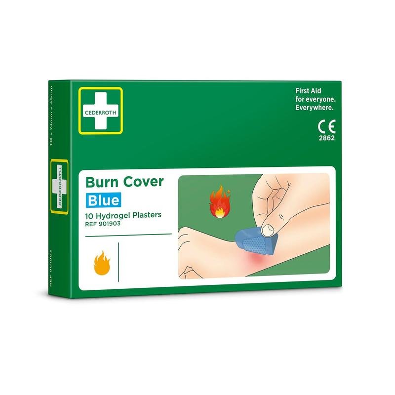 Ένα πράσινο κουτί με την επιγραφή "Cederroth burn cover, μπλε, hydrogel-επίθεμα, 10 τεμάχια" από την Orkla Wound Care AB δείχνει ένα χέρι που εφαρμόζει ένα μπλε επίθεμα Hydrogel σε εγκαύματα δίπλα σε ένα σύμβολο φλόγας. Η συσκευασία περιέχει 10 επιθέματα και φέρει το λογότυπο της Cederroth.