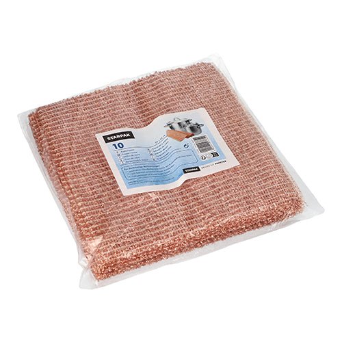 Μια συσκευασία με 10 χαλκό πανί Starpak (25 x 25 cm) παρέχεται σε διάφανη πλαστική σακούλα με μπλε-λευκή ετικέτα με οδηγίες καθαρισμού και πληροφορίες για το καθαριστικό. Μάρκα: Starpak.