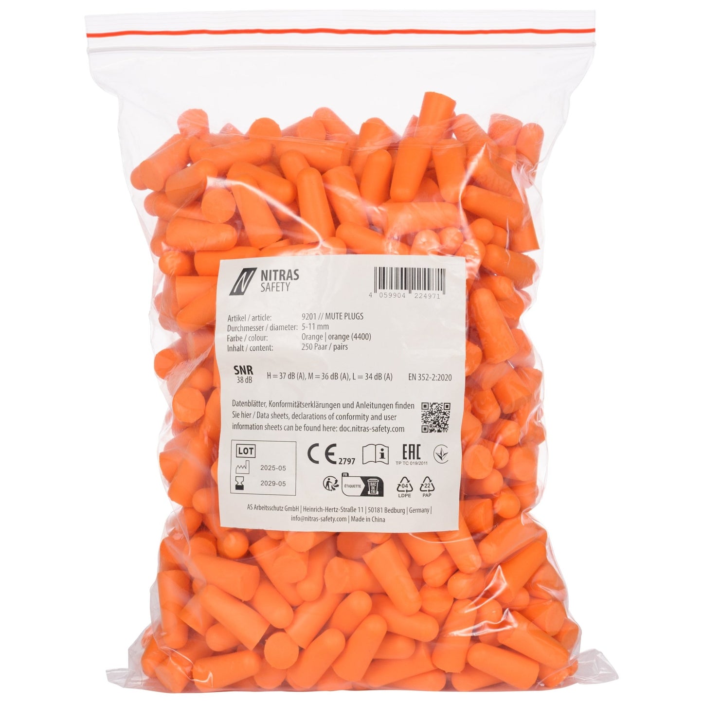 NITRAS MUTE PLUGS, ωτοασπίδες, πορτοκαλί, EN 352-2, 250 pairs / polybag PU | Συσκευασία (1 τεμάχιο)