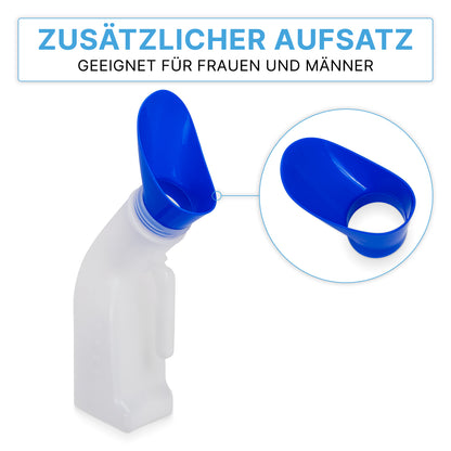 Die ARNOMED Urinflasche Classic Unisex (ARNOWA GmbH) hat einen blauen Aufsatz für die hygienische Nutzung durch Männer und Frauen. Ein kreisförmiger Einsatz hebt dieses Merkmal hervor. Der Text darüber lautet: "ZUSÄTZLICHER AUFSATZ GEEIGNET FÜR FRAUEN UND MÄNNER.
