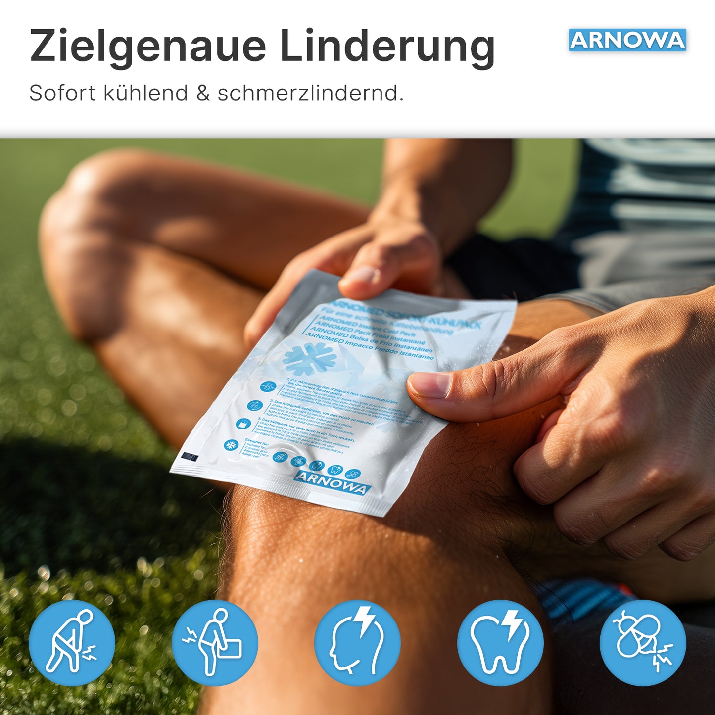 Eine Person sitzt im Gras und benutzt eine ARNOMED SOFORTKÄLTEKOMPRESSE der ARNOWA GmbH auf ihrem Knie. Verpackungssymbole zeigen Linderung bei Verletzungen; der deutsche Text hebt die gezielte Kältetherapie für sofortigen, effektiven Komfort hervor.