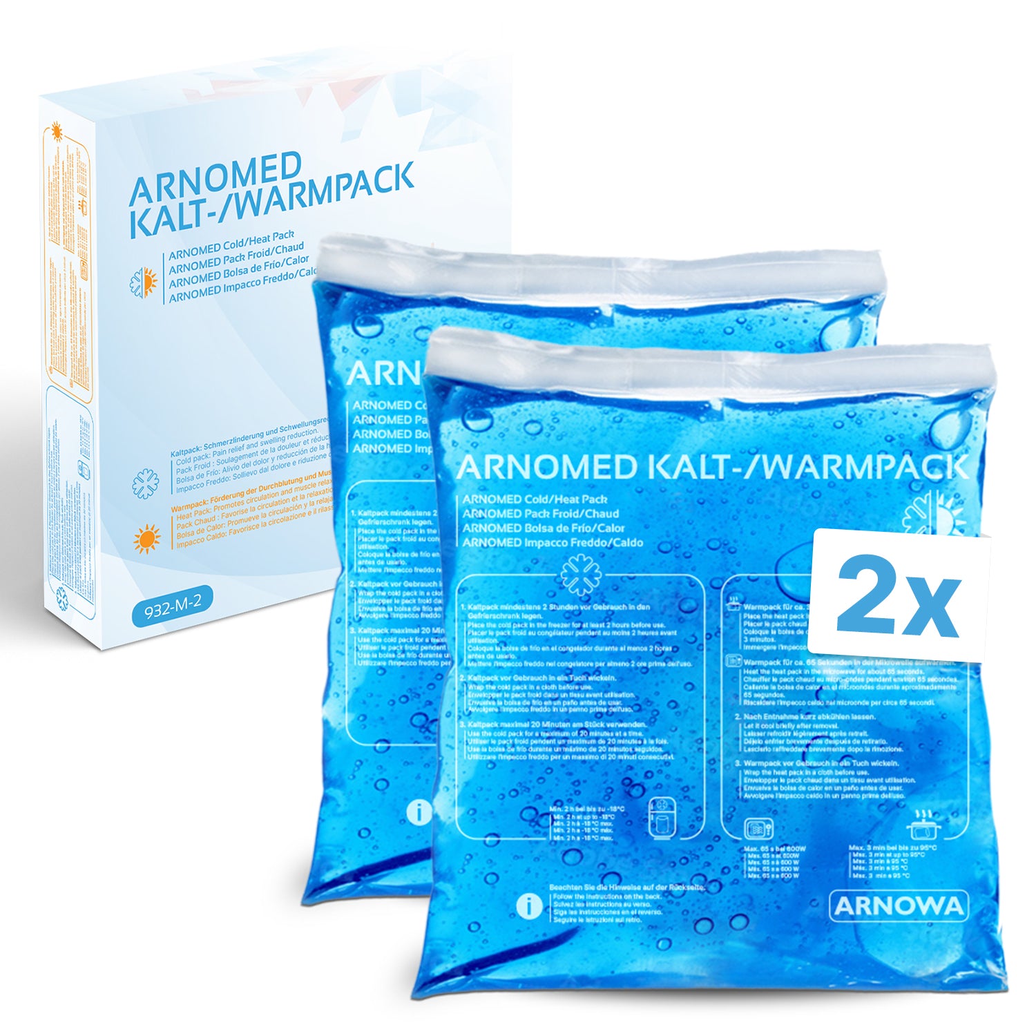 Zwei blaue ARNOMED KALT-/WARMPACK Wiederverwendbare Kalt-/Warm-Kompressen der ARNOWA GmbH stehen vor ihrer Verpackung mit mehrsprachiger Produktinformation. Diese Gel-Packungen helfen bei der Schmerzlinderung durch Heiß-/Kaltanwendung.