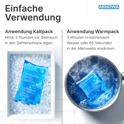 Das ARNOMED KALT-/WARMPACK von ARNOWA GmbH wird links im Eisbad gekühlt und rechts im heißen Wasser erwärmt; über den Bildern stehen deutsche Anwendungshinweise zur Schmerzlinderung.