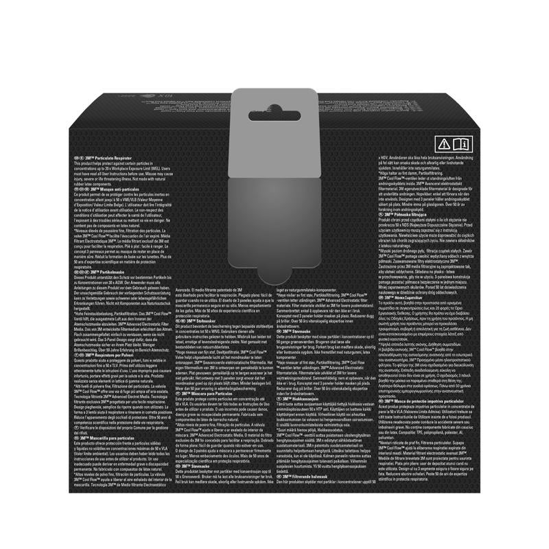 Η εικόνα δείχνει το πίσω μέρος μιας μαύρης 3M™ Aura™ Comfort Cool Flow™ μάσκας σωματιδίων 9332+ FFP3 από την 3M Deutschland GmbH με πυκνό λευκό πολυγλωσσικό κείμενο, μια γκρίζα θηλιά κρεμάσματος στην κορυφή και δύο μικρά σύμβολα στη δεξιά πάνω γωνία.