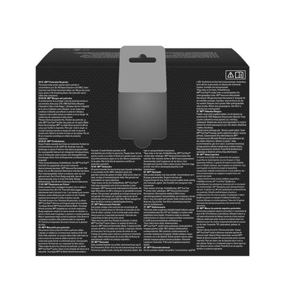 Η εικόνα δείχνει το πίσω μέρος μιας μαύρης 3M™ Aura™ Comfort Cool Flow™ μάσκας σωματιδίων 9332+ FFP3 από την 3M Deutschland GmbH με πυκνό λευκό πολυγλωσσικό κείμενο, μια γκρίζα θηλιά κρεμάσματος στην κορυφή και δύο μικρά σύμβολα στη δεξιά πάνω γωνία.