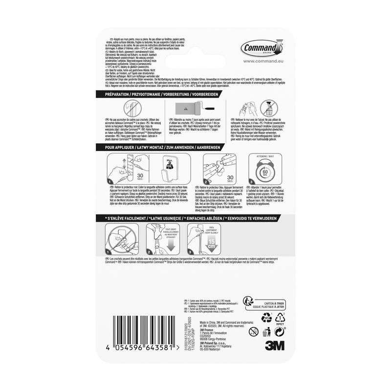 Πίσω πλευρά μιας συσκευασίας Command™ Μεταλλικός γάντζος μέγεθος S, χρυσό χρώμα (4 γάντζοι, 5 λωρίδες) από την 3M Deutschland GmbH με εικονογραφημένες οδηγίες, πολυγλωσσικές πληροφορίες ασφαλείας, λεπτομέρειες προϊόντος, γραμμωτούς κωδικούς - ιδανικός για τις ανάγκες σας σε αυτοκόλλητους γάντζους.