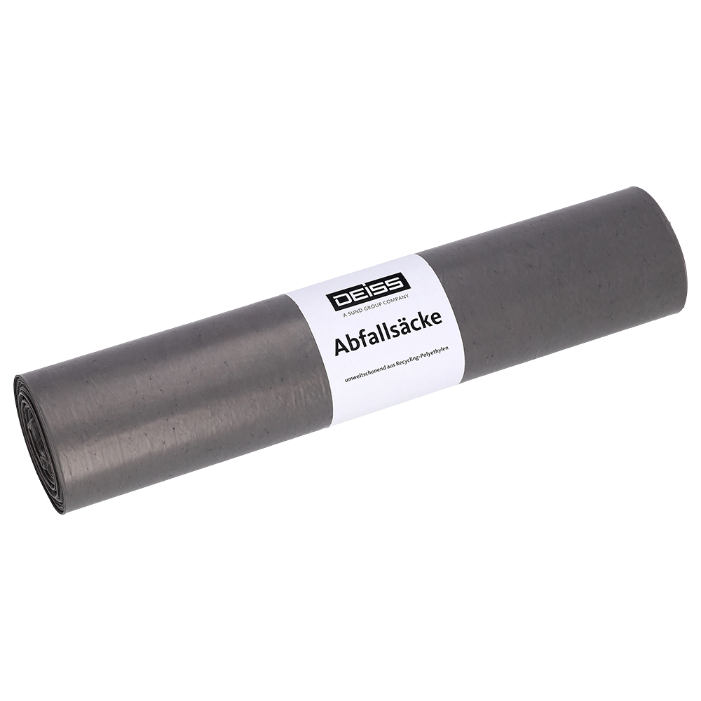 Απεικονίζεται ένας ρόλος EMIL DEISS KG (GmbH + Co.) DEISS 94007 γκρι σακούλες απορριμμάτων (660x800x0,05 mm, 25 τεμάχια) με λευκή ετικέτα "DEISS Abfallsäcke" σε μονόχρωμο λευκό φόντο.
