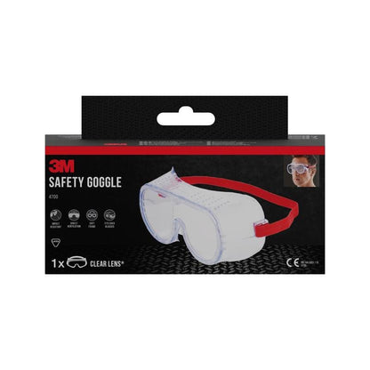 Ένα κουτί 3M™ Classic προστατευτικά γυαλιά 4700 από την 3M Deutschland GmbH, άμεσα αεριζόμενα με διαφανές φακό και κόκκινη ταινία. Στην πάνω δεξιά γωνία εμφανίζονται σύμβολα ασφαλείας και η εικόνα ενός ατόμου που φορά την προστασία ματιών.