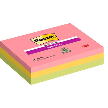 Μια στοίβα ορθογώνιων Post-it® Super Sticky Meeting Notes από την 3M Deutschland GmbH σε διάφορα χρώματα (203 mm x 153 mm, 70 φύλλα/μπλοκ, 3 μπλοκ/συσκευασία), με Super-Haftnotizen από 100% PEFC-πιστοποιημένο χαρτί (SGSCH-PEFC-COC-110078).