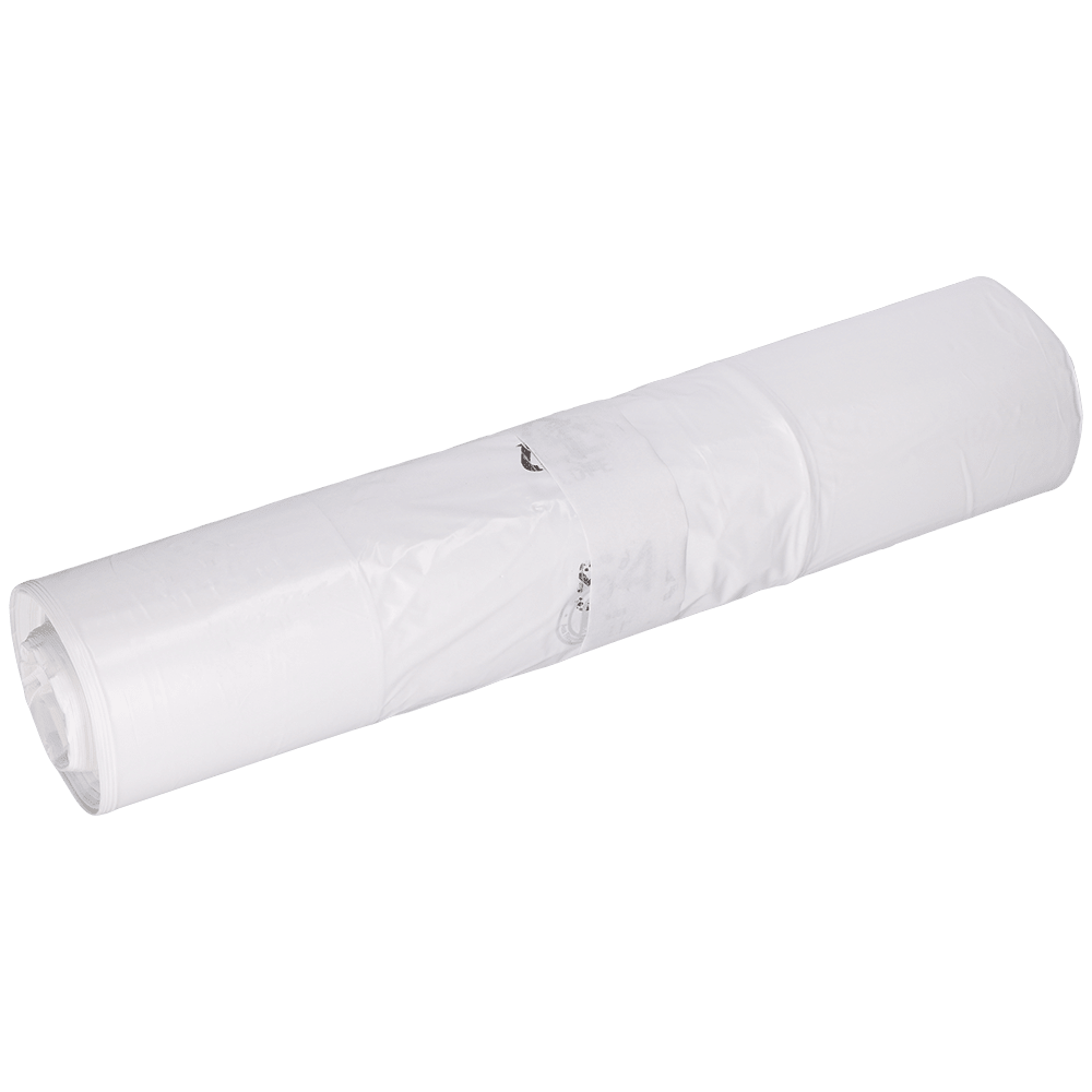 Ένας τυλιγμένος σάκος απορριμμάτων EMIL DEISS KG (DEISS 96030 - 400+200x700x0,035 mm λευκός, ρολό με 50 κομμάτια) είναι στερεωμένος με διαφανή ταινία και ένα μικρό μεταλλικό μπρελόκ μπροστά από ένα απλό λευκό φόντο.