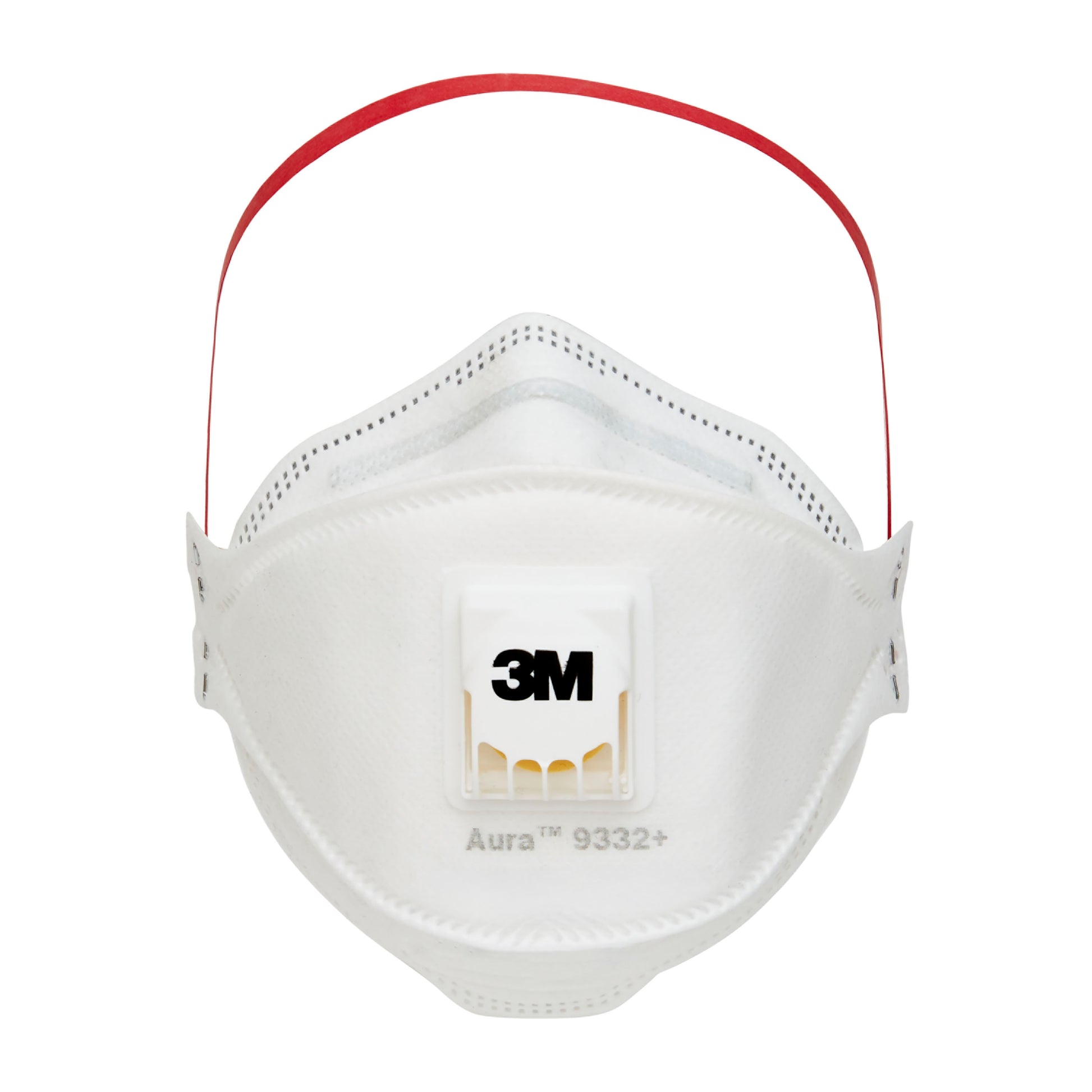 Die 3M™ Aura™ Comfort Cool Flow™ Partikelmaske 9332+, FFP3, von 3M Deutschland GmbH ist eine weiße Gesichtsmaske mit rotem Kopfband, integriertem Ausatemventil und dem 3M Logo auf der Vorderseite.