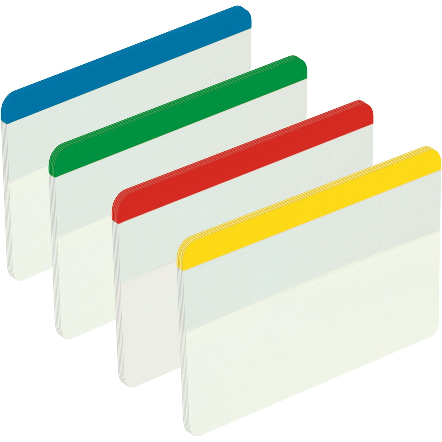 Vier aufrecht stehende Post-it® Index Strong Ablagetabs der 3M Deutschland GmbH zeigen jeweils einen farbigen Streifen - blau, grün, rot, gelb - auf weißen Tabs (50,8 x 38,1 mm), ideal für die Organisation von Dokumenten. Die Packung enthält 24 Tabs in einem Spender.