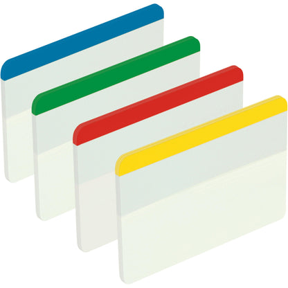 Vier aufrecht stehende Post-it® Index Strong Ablagetabs der 3M Deutschland GmbH zeigen jeweils einen farbigen Streifen - blau, grün, rot, gelb - auf weißen Tabs (50,8 x 38,1 mm), ideal für die Organisation von Dokumenten. Die Packung enthält 24 Tabs in einem Spender.