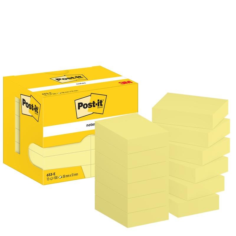 Ένα κίτρινο κουτί σημειώσεων Post-it® Notes, Κίτρινο, 38 mm x 51 mm, 100 φύλλα/μπλοκ, 12 μπλοκ/συσκευασία της 3M Deutschland GmbH απεικονίζεται δίπλα σε δέκα στοίβες κίτρινων σημειώσεων. Και τα δύο φέρουν το λογότυπο Post-it και την επιγραφή 3M.